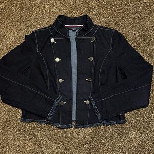 Tommy Hilfiger cropped navy blue denim jacket with white stitching